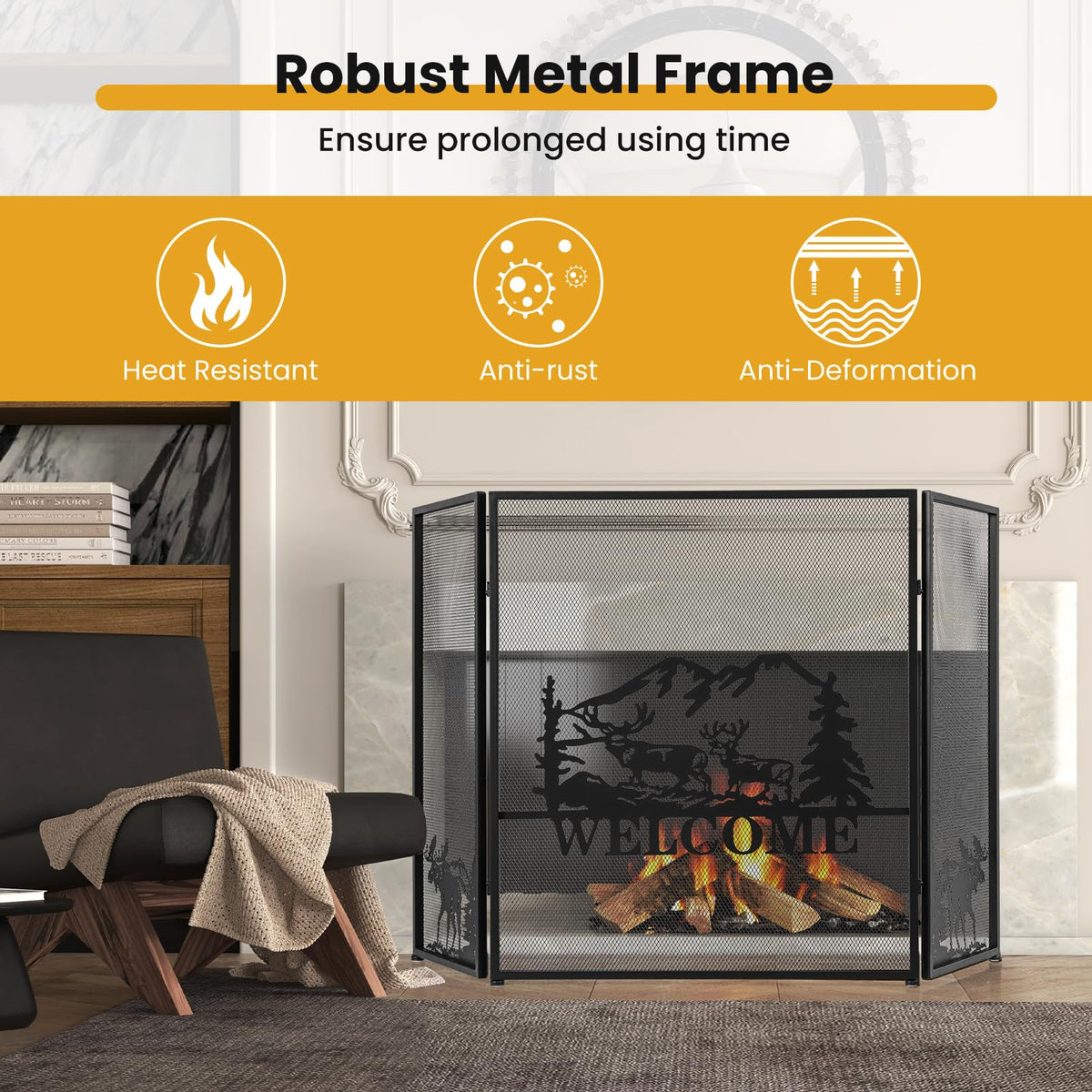 Foldable Fireplace Screen with Moose Pattern Z8053