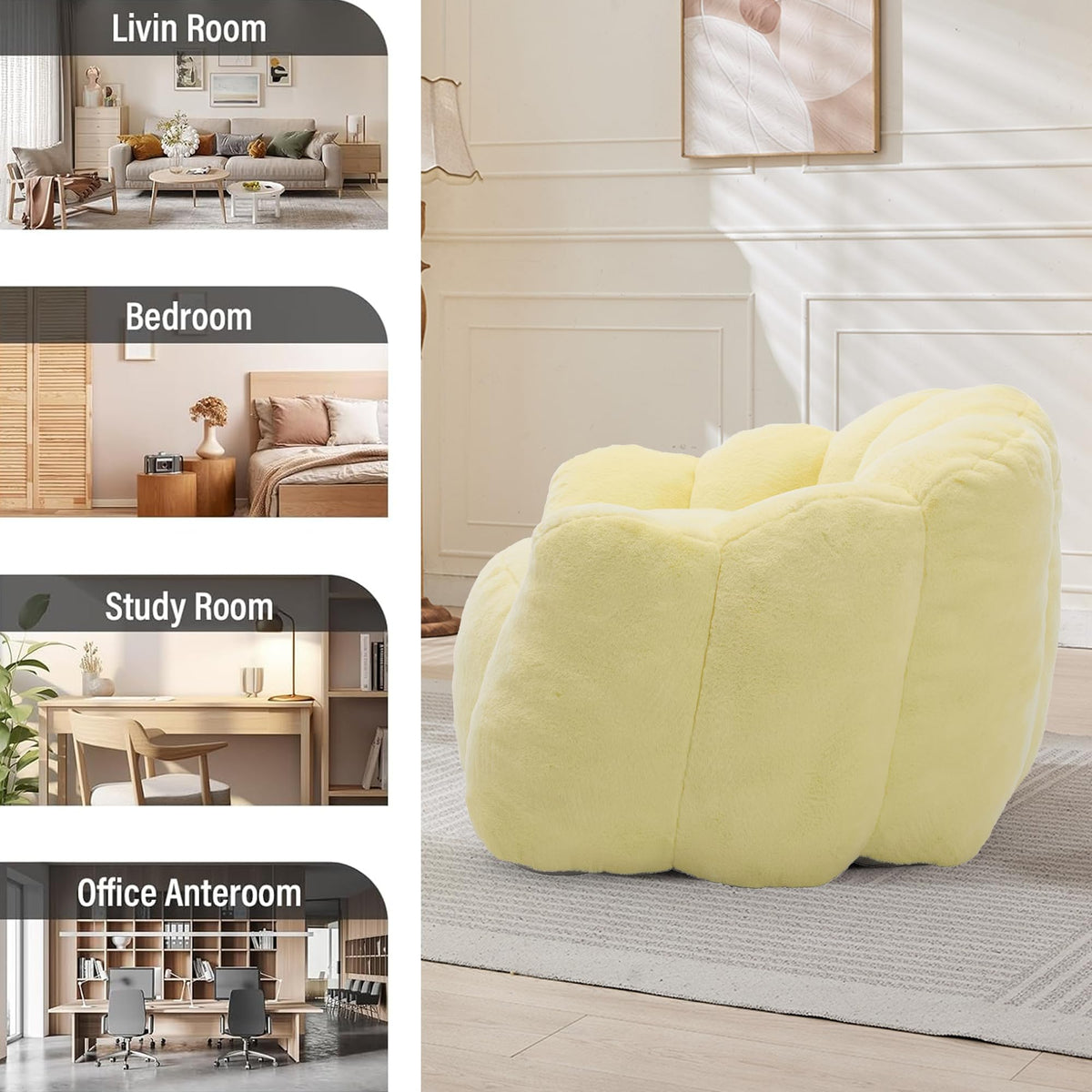 Large Yellow Faux Fur Bean Bag Chair L2722