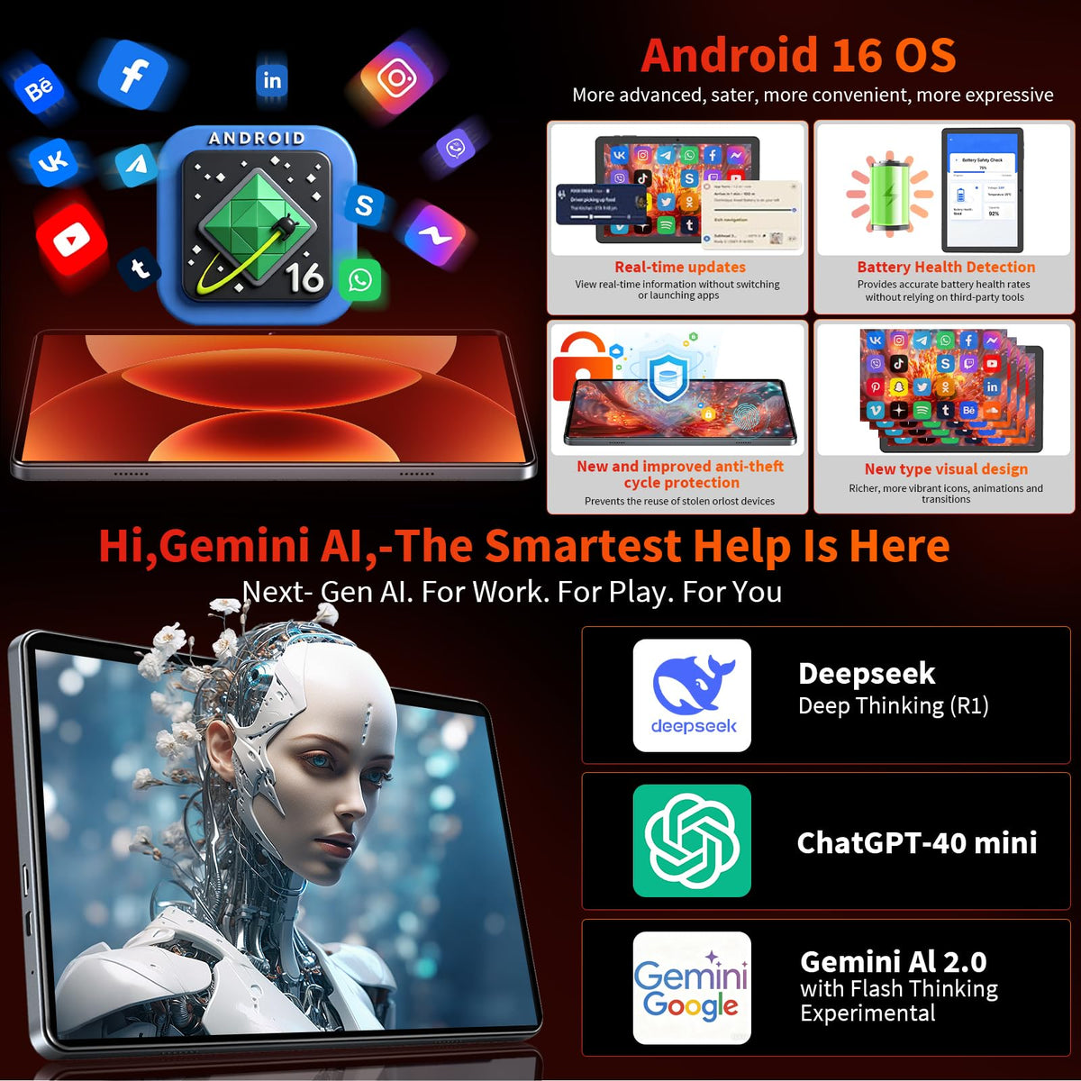 Black Android 16 Tablet with Keyboard H2171