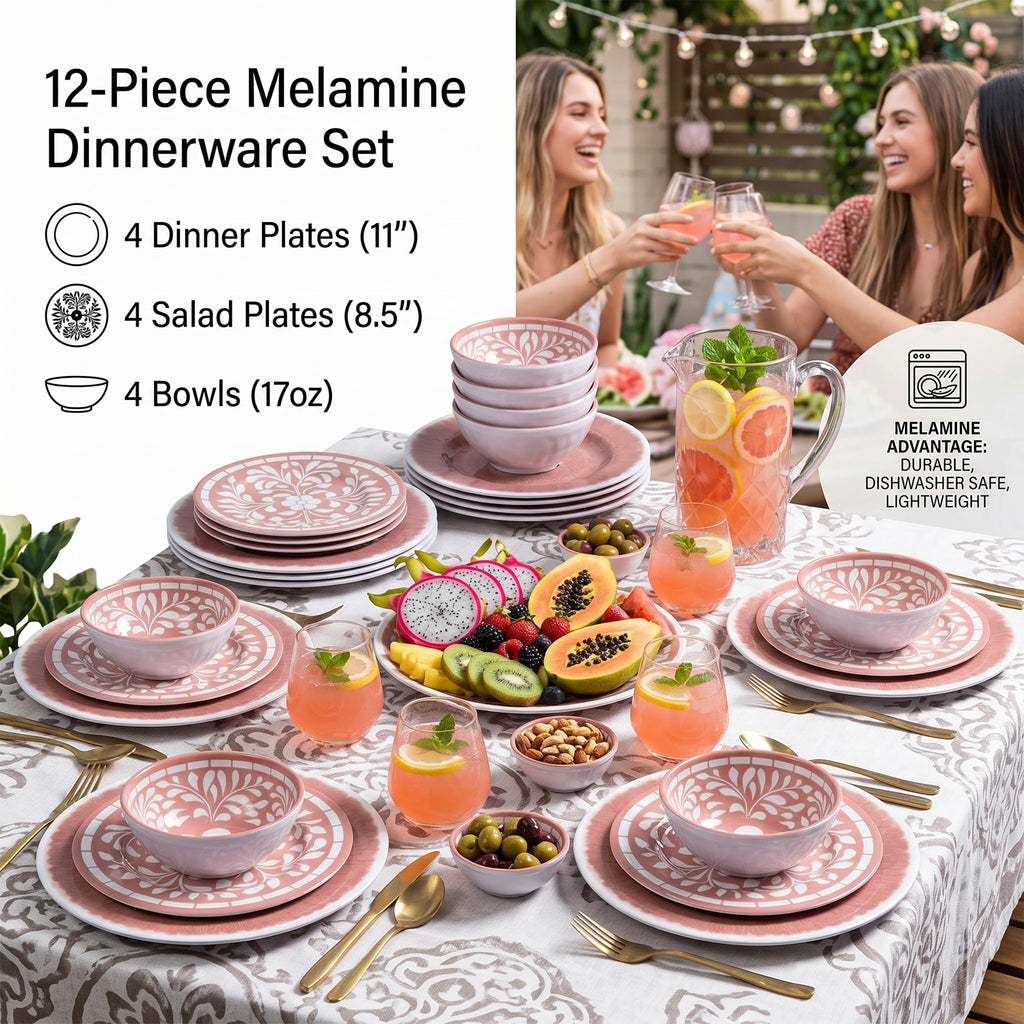 12 Pcs Light Pink Melamine Dinnerware Set H753369