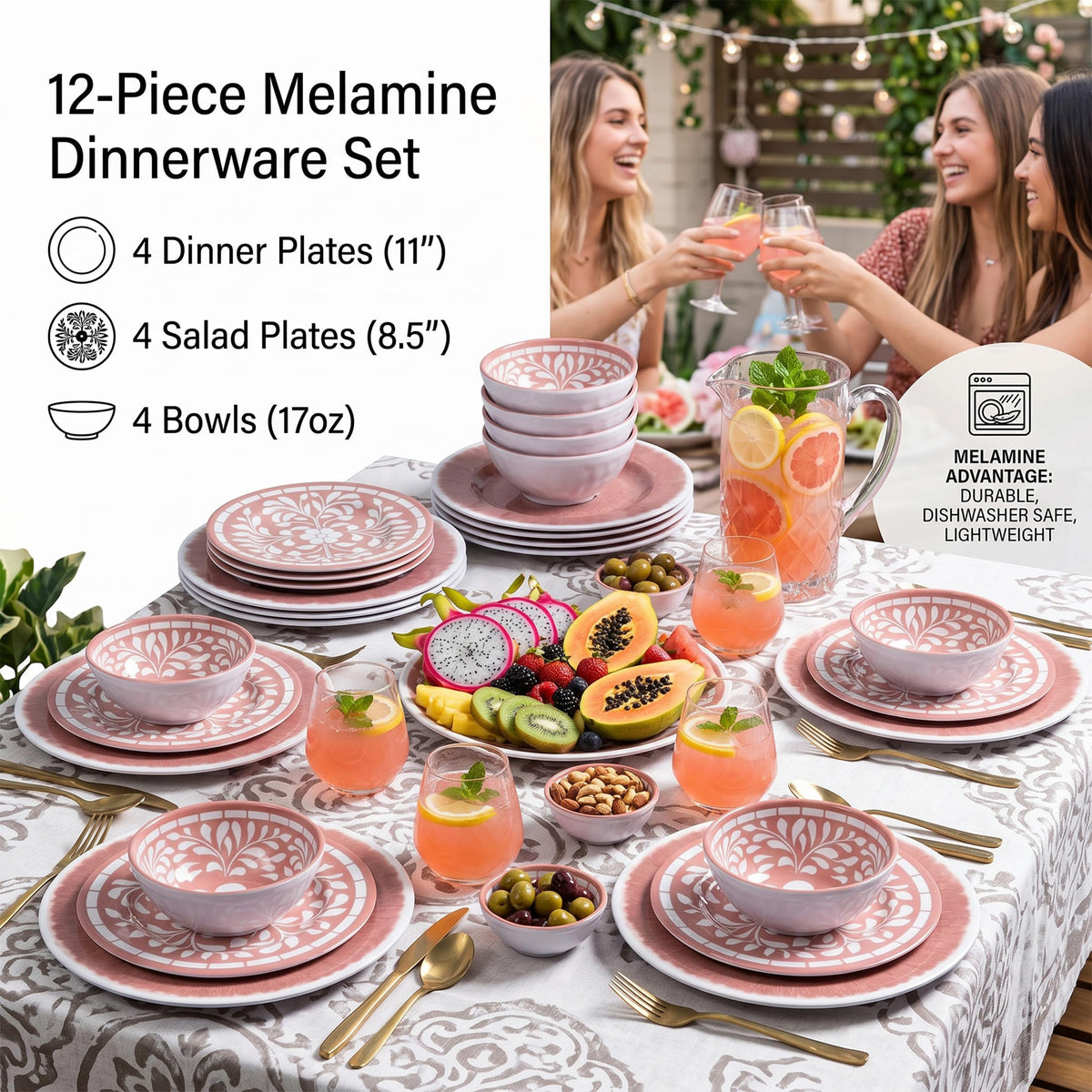 12 Pcs Light Pink Melamine Dinnerware Set H753369
