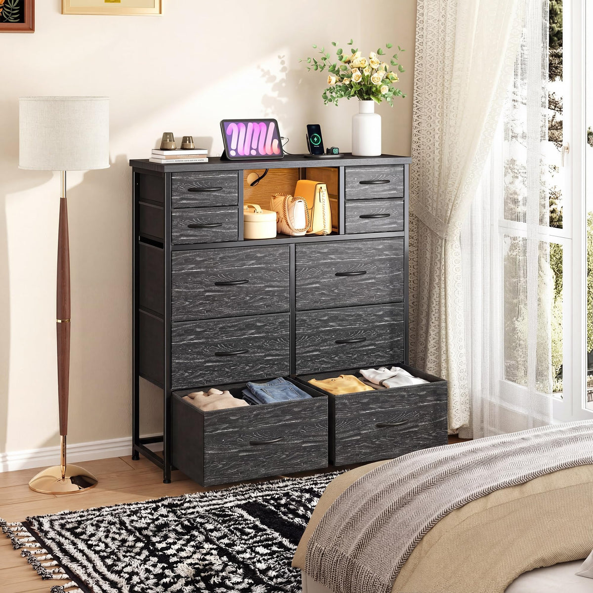 Black 10 Drawer Dresser with Charging Station Y583554