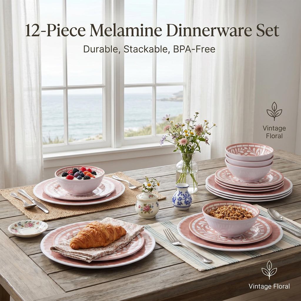 12 Pcs Light Pink Melamine Dinnerware Set H753369