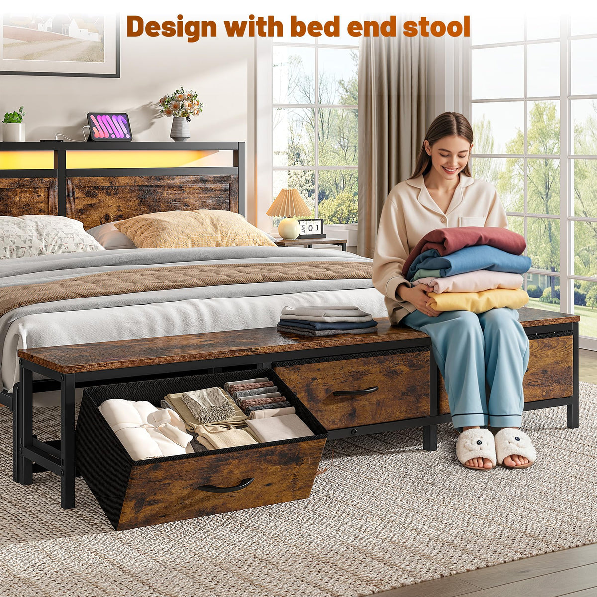 Queen Bed Frame with Ottoman & Charging Station R156669