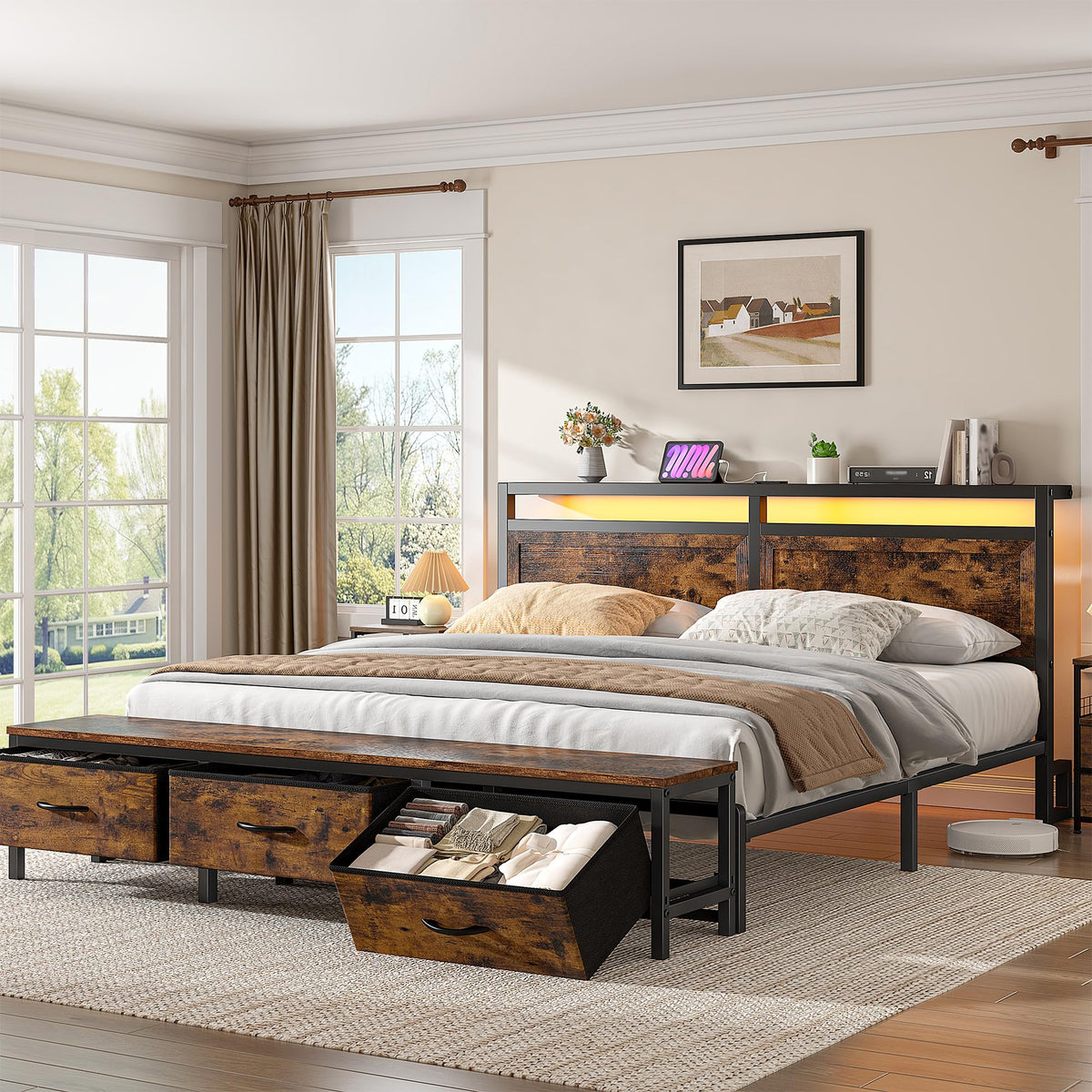 Queen Bed Frame with Ottoman & Charging Station R156669