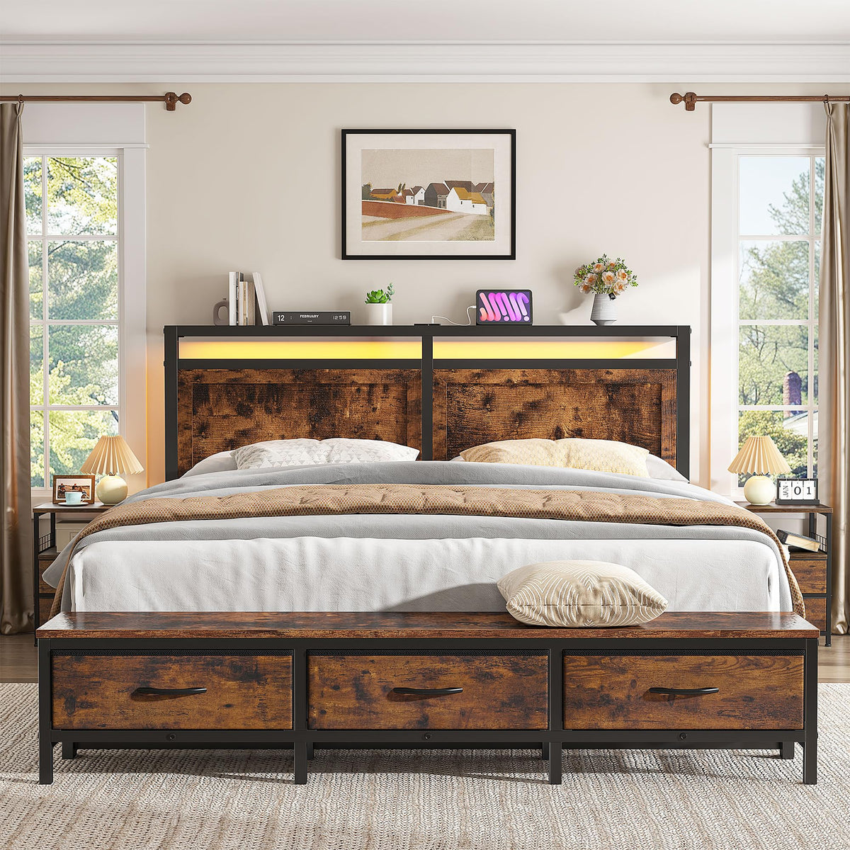 Queen Bed Frame with Ottoman & Charging Station R156669
