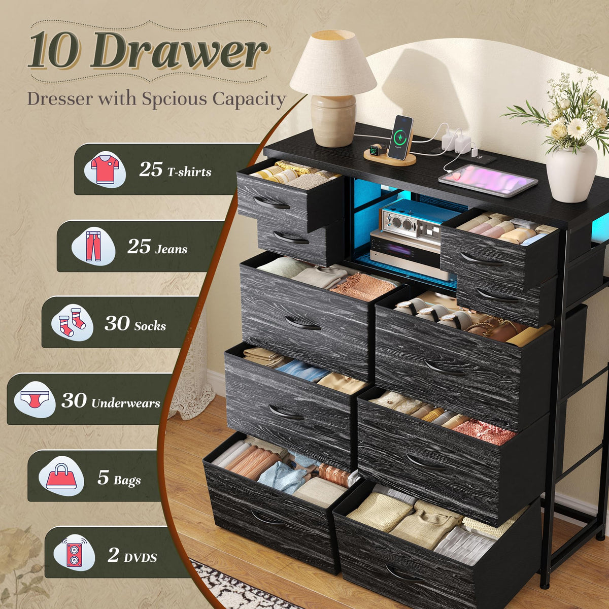 Black 10 Drawer Dresser with Charging Station Y583554